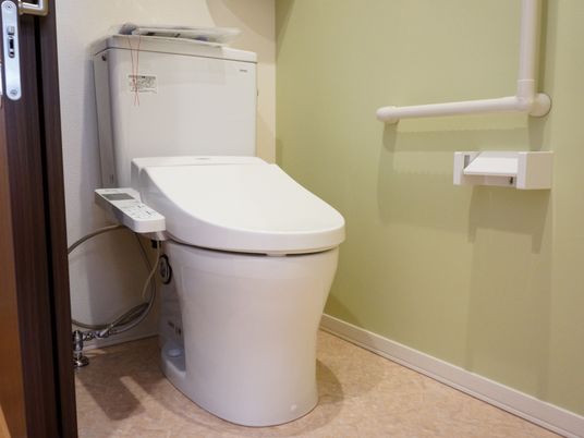 トイレは温水洗浄便座を設置している。トイレットペーパーホルダーが１つあり、壁に手すりが取り付けられている。