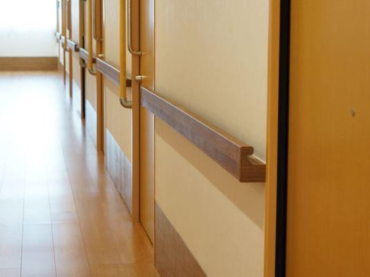 廊下の壁には、ドア部以外全ての箇所に手すりが備え付けられている。L字にカーブした手すりは掴みやすい形状になっている。