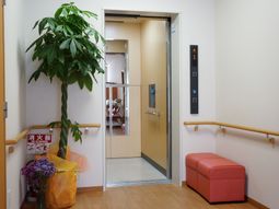 廊下には観葉植物とベンチ