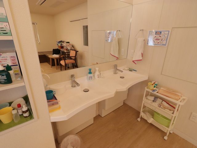 洗面所の明るい様子 洗面台 広々とした清潔感のある洗面スペースです。必要な物が整然と配置され、日々の清掃も行き届いております。