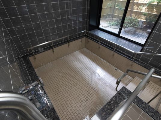 施設の写真 数人が湯船に浸かれる広さの浴槽を備えた浴室である。安全に出入りが行えるように階段と手すりを設けている。
