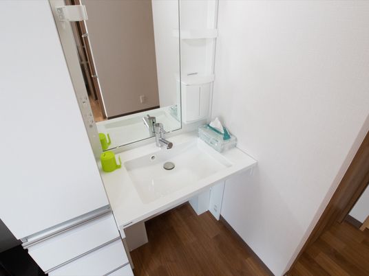 施設の写真 真っ白で清潔感のある最新式の洗面スペースである。大きな鏡や化粧品などの備品を置く棚が完備されている。