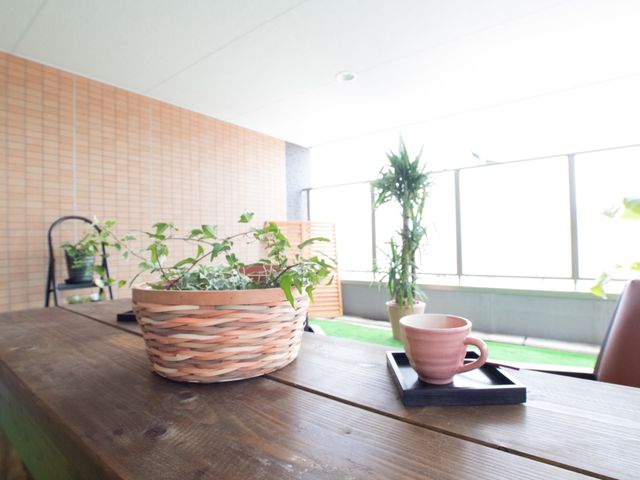 窓辺の植物とテーブル 中庭 植物が彩る休息スペースです。大きな窓から自然光が差し込み、温かい雰囲気の中で、ひと時のくつろぎを得られます。