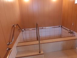 手すり付きの明るい浴室