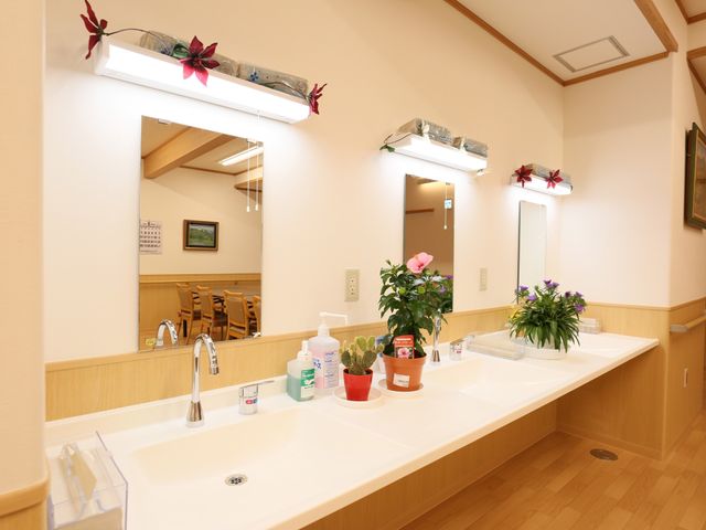 清潔感のある洗面台 食堂 木の温もりを感じる清潔な洗面スペースです。手入れが行き届き、日々の身支度に気持ちよく取り組めます。