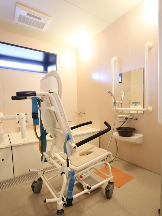 リフト式の車椅子型の入浴用チェアがある。白色の浴槽にはリフトが設置されている。足元には滑り止めマットがあり、鏡の周りに手すりがある。