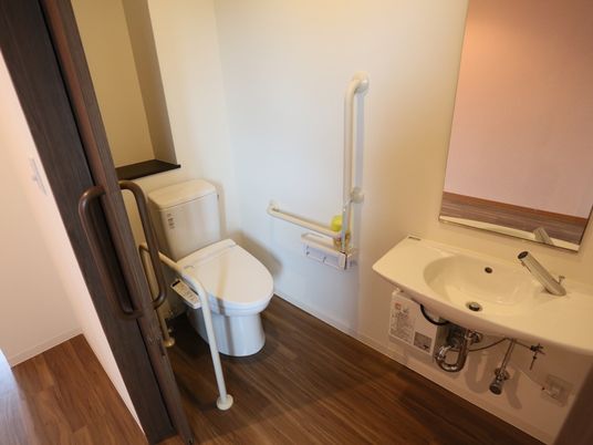 白いタンク付きの洋式トイレと、洗面台がある。洗面台の正面の壁には鏡が設置されている。便器の両側に手すりが取りつけられている。