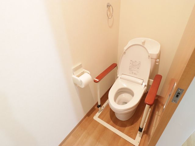 バリアフリートイレ設備 トイレ 手すりがついた清潔なトイレで、安全に快適なご利用が期待できます。サポートが必要な方も配慮された設計です。