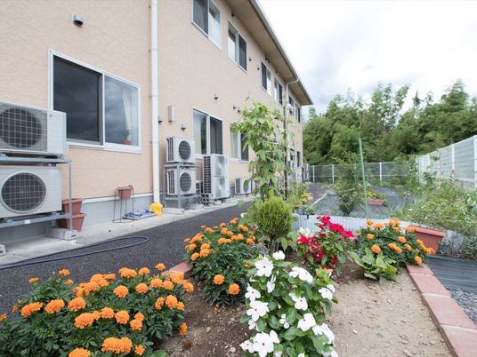 建物と花壇の外観