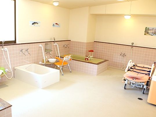 一人用の浴室が2つあり、その間には洗い場が造られている。シャワーの前にはシャワーチェアが置いてある。
