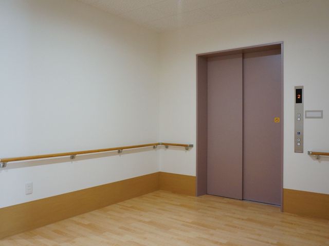 手すり付き廊下のエレベーター エレベーター 壁には手すりが取り付けられた落ち着いた色合いの廊下です。バリアフリー設計が施されており、無理なく移動ができる環境が整っています。