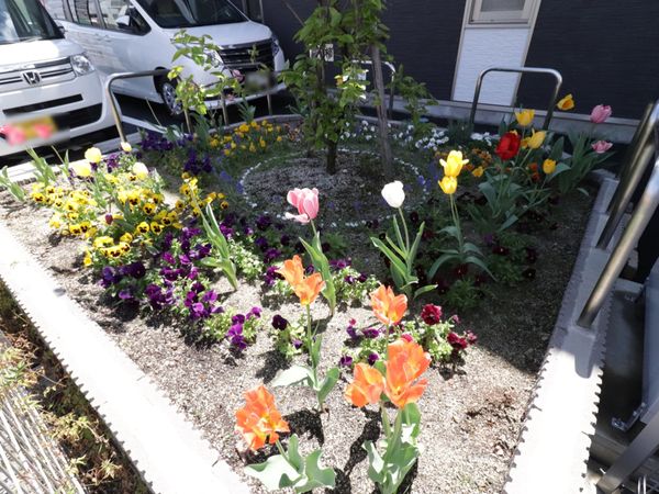 色とりどりの花が咲く庭