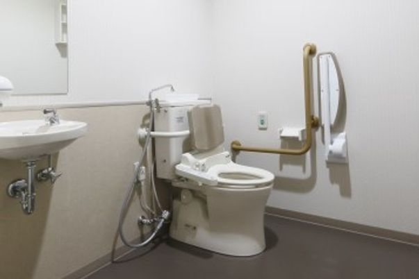 温水洗浄便座には手すりが設置されており、壁には緊急呼び出しボタンがついている。横には洗面台と鏡がある。
