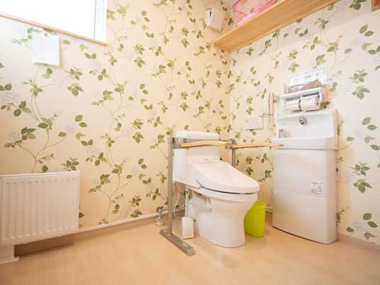 トイレ内には安全のため、手すりが便器の左右に設置されている。壁には電話機があり、急な体調不良の際にスタッフへ連絡できる。