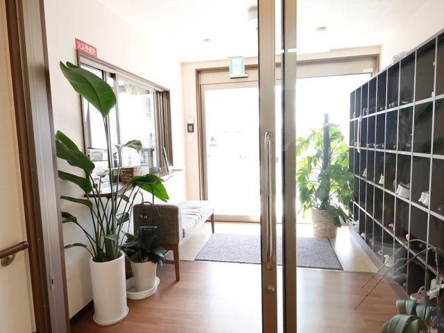 エントランスに靴箱と植物 玄関 温かみのあるエントランスは明るく、安心感をもたらす空間です。訪れる方を優しく迎え入れてくれます。