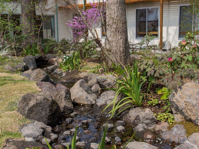 庭園の小川と緑 中庭 緑豊かな中庭では、小川のせせらぎと四季折々の花々をお楽しみいただけます。心地よい自然の中でリラックスした時間を過ごせます。