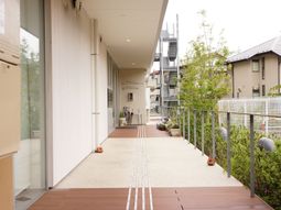 明るい廊下と緑の中庭