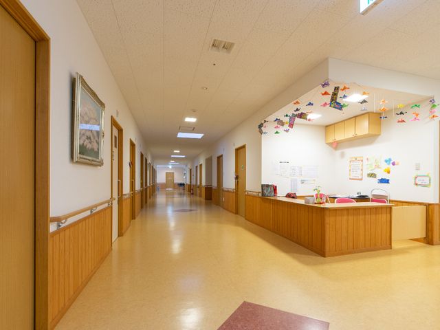 廊下の風景 廊下 廊下には暖かみのある木目調が採用され、壁には飾りと情報掲示が整えられています。明るく清潔な通路を通じ、皆様の快適な勤務環境を支えます。
