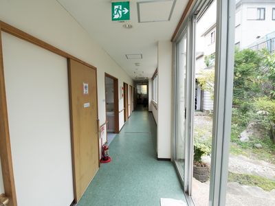 明るい廊下と緑の見える窓