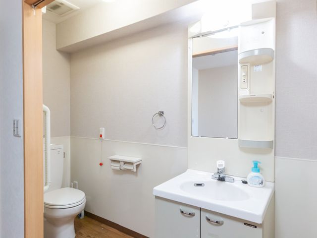 明るいトイレと洗面台 トイレ 清潔で使いやすい洗面台とトイレがあります。明るい照明で快適に利用できます。