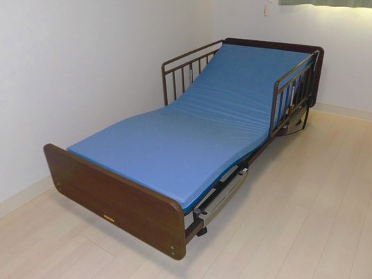 施設の写真 茶色い枠のベッドには、転落防止用の柵が付いている。青いマットレスが敷かれ、リクライニングできるようになっている。