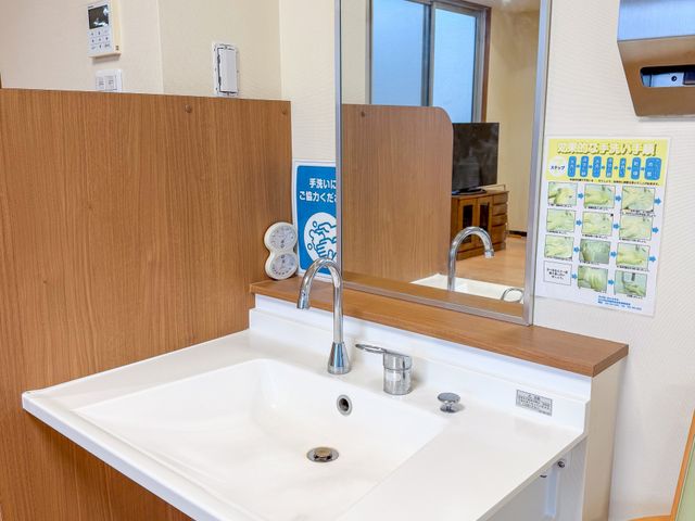 清潔な洗面台 洗面台 手洗いしやすい高さの大きな鏡付き洗面台です。明るい照明で作業がしやすくなっています。