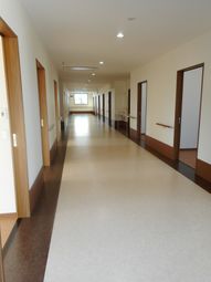 明るい通路と木目のドア