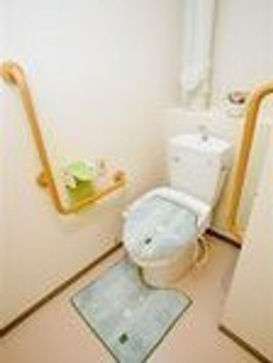 高齢者用の手すり付きトイレの写真。広めのスペースが確保してある様子