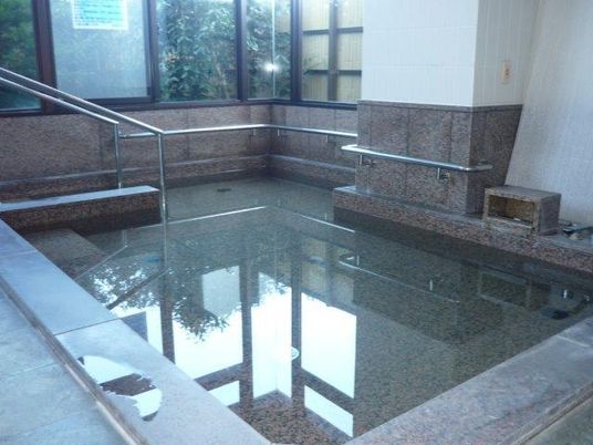 施設の写真 大きな埋め込み式の浴槽があり、浴槽に入る階段には手すりが付けられている。