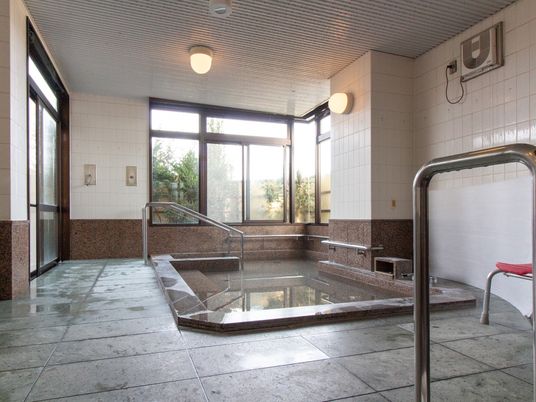 施設の写真 大きな窓のある開放的な大浴場。壁や浴槽の階段部分には手すりが設置されており、床はタイル張りとなっている。