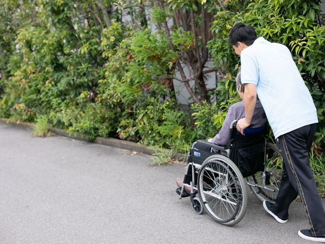 青空と植物の廊下 廊下 緑豊かな廊下を、ゆったりと車椅子でお散歩されている様子です。癒やしの時間を提供しております。