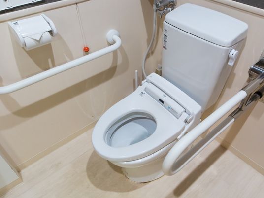 居室内には、白を基調とした清潔感のあるトイレが設置されている。可動式の手すりやナースコールが完備されている。
