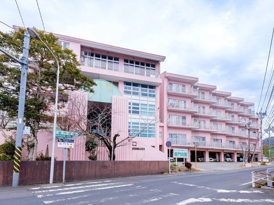 ピンクの建物外観  