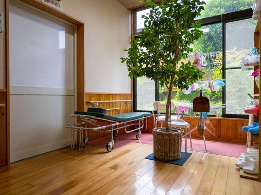 樹木のある明るい休憩室