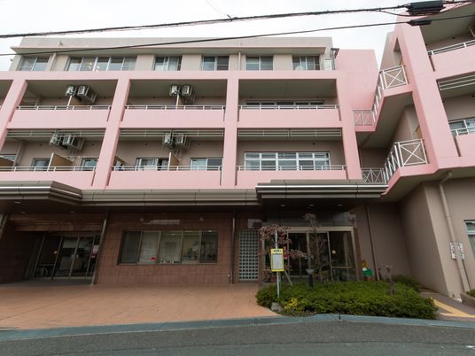 ピンクの建物のエントランス