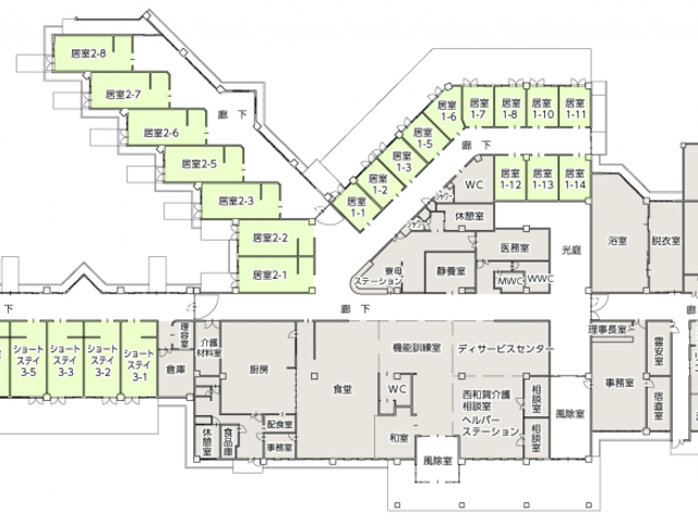 多機能な施設の平面図 内観 広々とした敷地内の配置が確認できる施設の平面図です。お部屋の大きさや、共用スペースの様子もご確認いただけます。