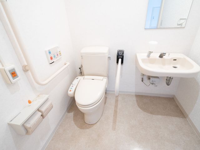 バリアフリートイレ設備 トイレ 手すり付きで広々としたトイレの様子です。安心してご利用いただける配慮がされています。