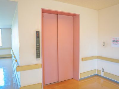 ピンクのエレベーター扉