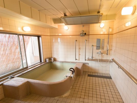 施設の写真 共同浴室に大きな浴槽があり、そのふちに取り付け式の手すりがある。天井に大きなパネルヒーターがある。