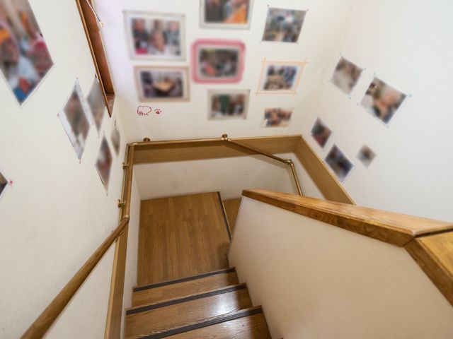 温もりのある階段 階段 木の手すりが安心感を与える階段です。壁には様々な写真が飾られ、訪れる人々の心を和ませます。