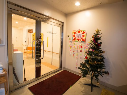 施設玄関には、ガラスサッシの扉が完備されている。壁には楽しそうなレイアウトがされ、クリスマスツリーが飾られている。