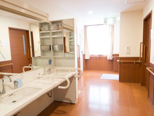 洗面所には洗面ボウルが2基あり、足元に空間がある車椅子対応のものである。前面の壁には大きな鏡が備わっている。