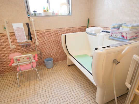暖色系のタイル張りの浴室内に、機械浴の設備が備わっている。洗い場にはシャワーがあり、背もたれと肘掛けがついた椅子が置かれている。