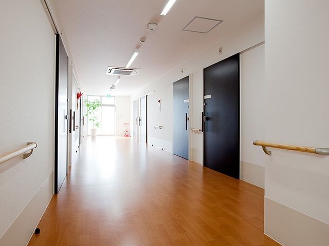 明るく清潔な廊下 廊下 床が木目調で温かみを感じる明るい廊下です。手すりが設置されており、安心して歩行できる環境が整っています。
