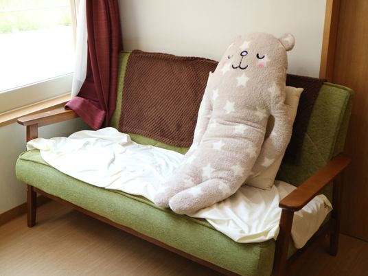 緑のソファと大きな縫いぐるみ