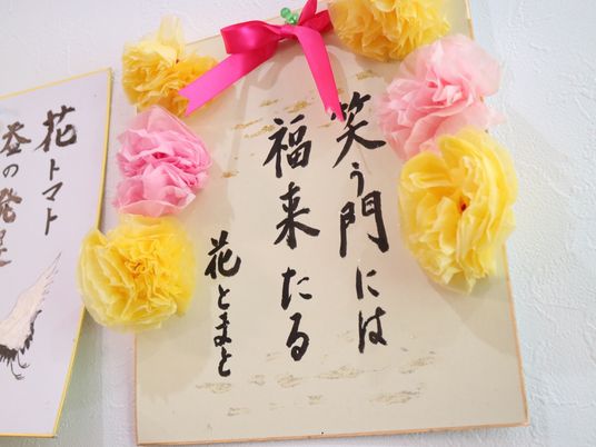 掲示物と和紙の花飾り