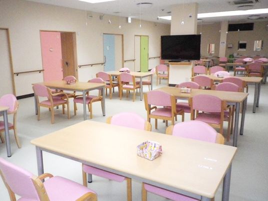 広々としたピンクの椅子の食堂