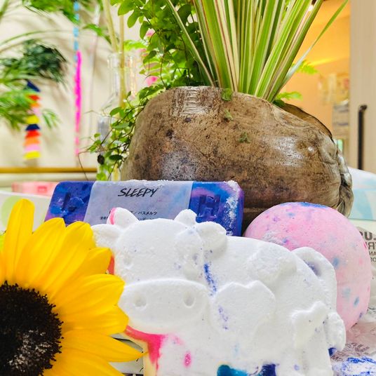 多彩な石鹸と植物のディスプレイ