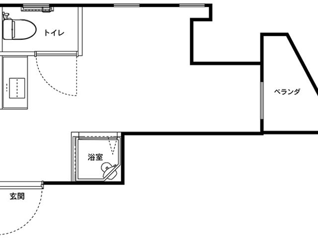 窓付きの居室平面図 居室 屋外に面するベランダが特徴の居室です。トイレと浴室が近接し、便利な動線を確保しています。