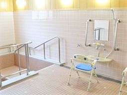 手すり付きの明るい浴室